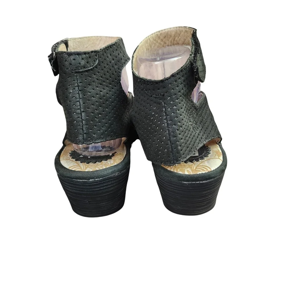 Fly London Yala Black Perforated Nubuck Leather Wedge Sandals Peep Toe 41